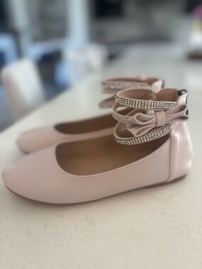 Trary Pink Rhinestone Bow Ankle-Strap Ballet Flats - Girls Size 2
